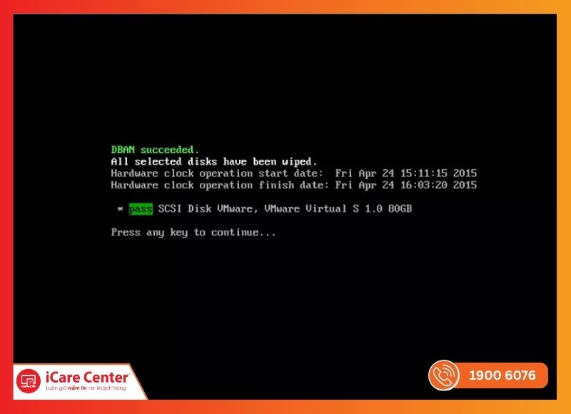 Quá trình xóa dữ liệu hoàn tất trong DBAN với thông báo pass màu xanh