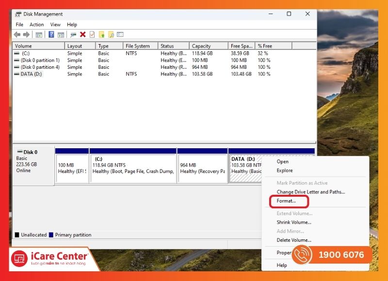 Giao diện Disk Management chọn format phân vùng trên Windows