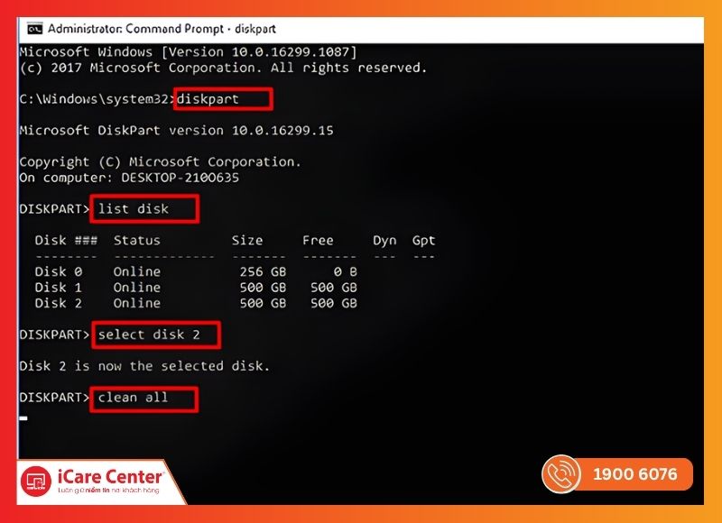 Giao diện Command Prompt với lệnh diskpart và clean all