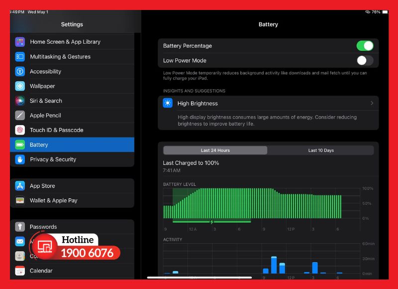 Kiểm tra tình trạng pin iPad trong cài đặt
