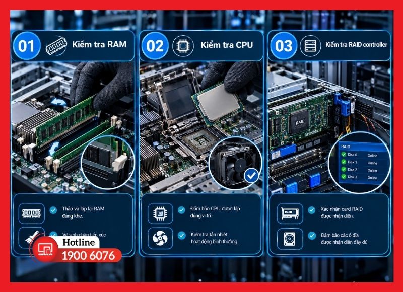 Cách kiểm tra RAM, CPU và RAID khi server không khởi động