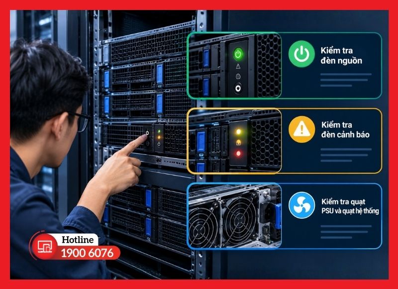 Cách quan sát đèn báo và quạt để xác định trạng thái nguồn của server
