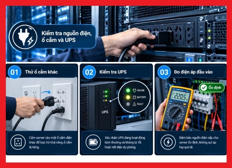 Cách kiểm tra nguồn điện, ổ cắm và UPS khi server không lên nguồn