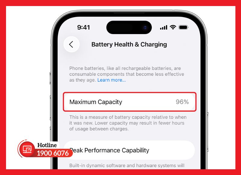 Dung lượng tối đa hiển thị mức pin còn lại so với lúc mới trên iPhone