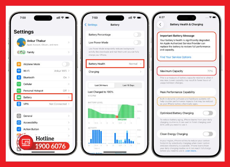 Xem % dung lượng tối đa trong Cài đặt iOS để đánh giá pin